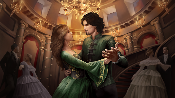 A couple dancing in a candlelit ballroom, she in a green gown with long auburn hair, he in a green doublet, with other dancers and a sweeping staircase behind them — artwork from Wisp's Awakening